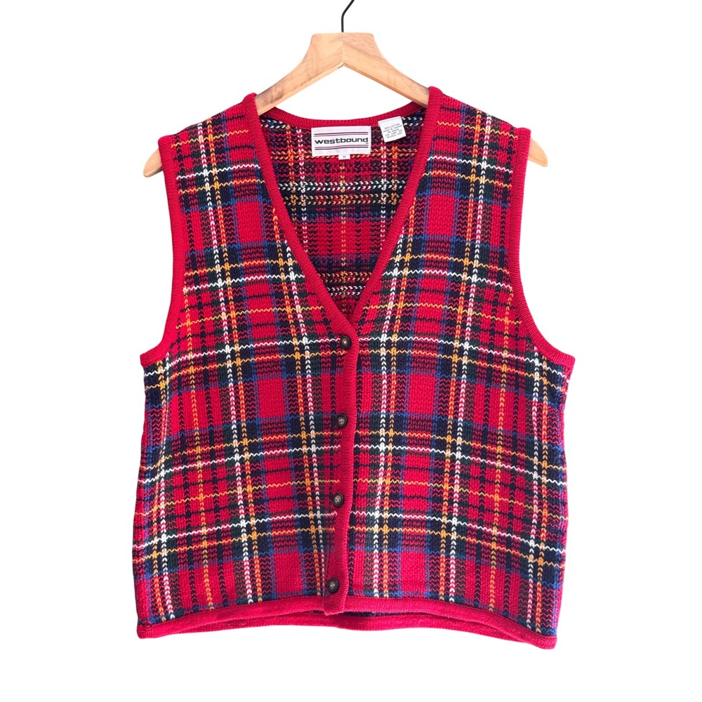 Vintage Westbound Red Plaid Sweater Vest Women M 100% Cotton Tartan Grandpa Core